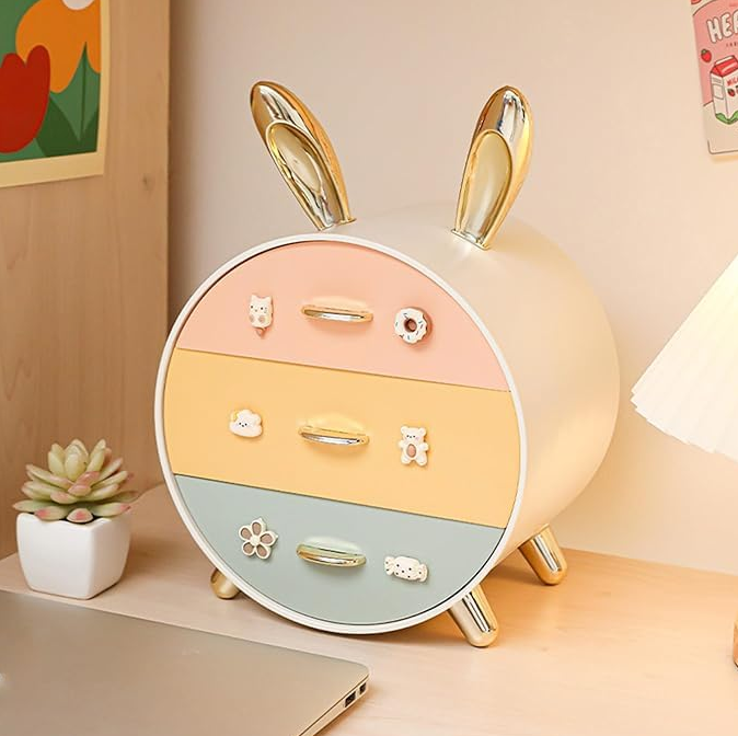 Boîte de rangement cosmétique à tiroir sur le thème du lapin avec grande capacité