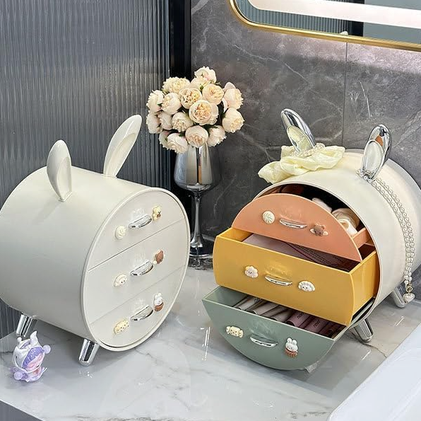 Boîte de rangement cosmétique à tiroir sur le thème du lapin avec grande capacité
