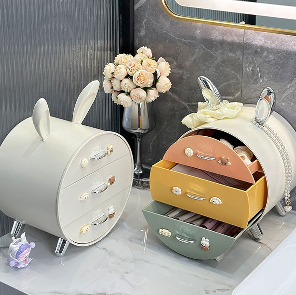 Boîte de rangement cosmétique à tiroir sur le thème du lapin avec grande capacité