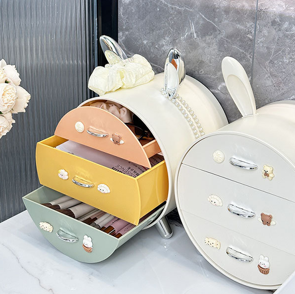 Boîte de rangement cosmétique à tiroir sur le thème du lapin avec grande capacité