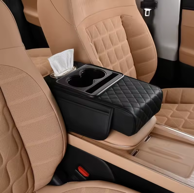 Accoudoir Voiture avec Porte-Gobelet et Boîte à Mouchoirs – Confort Portable & Rangement Intégré