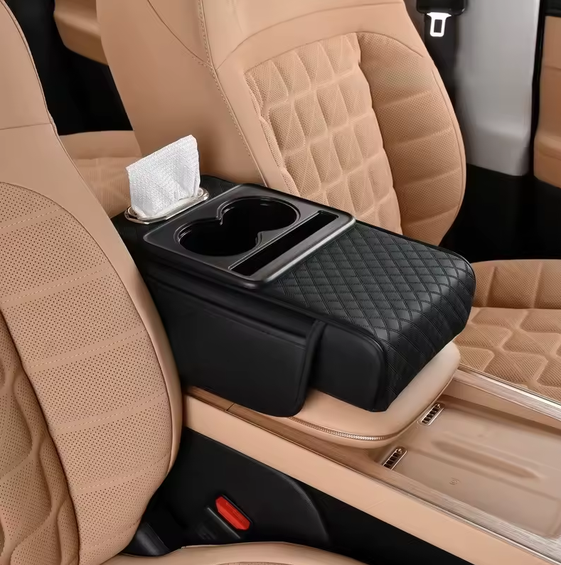 Accoudoir Voiture avec Porte-Gobelet et Boîte à Mouchoirs – Confort Portable & Rangement Intégré