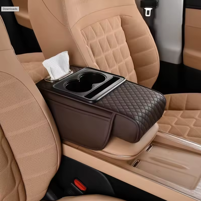 Accoudoir Voiture avec Porte-Gobelet et Boîte à Mouchoirs – Confort Portable & Rangement Intégré