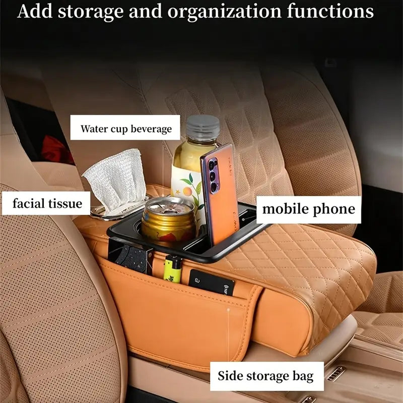 Accoudoir Voiture avec Porte-Gobelet et Boîte à Mouchoirs – Confort Portable & Rangement Intégré