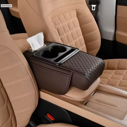 Accoudoir Voiture avec Porte-Gobelet et Boîte à Mouchoirs – Confort Portable & Rangement Intégré